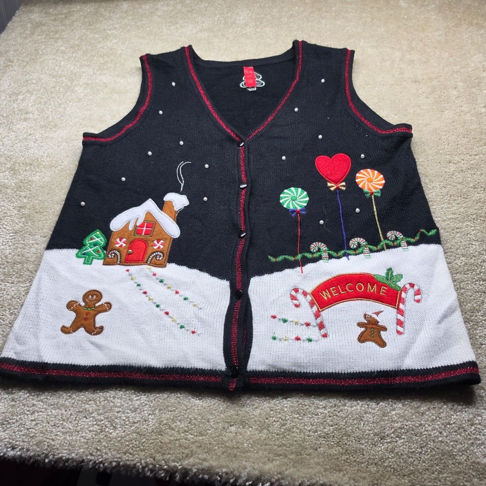 Holiday Time Gingerbread Candy Christmas Sweater Vest Black XL 16-18 Metallic